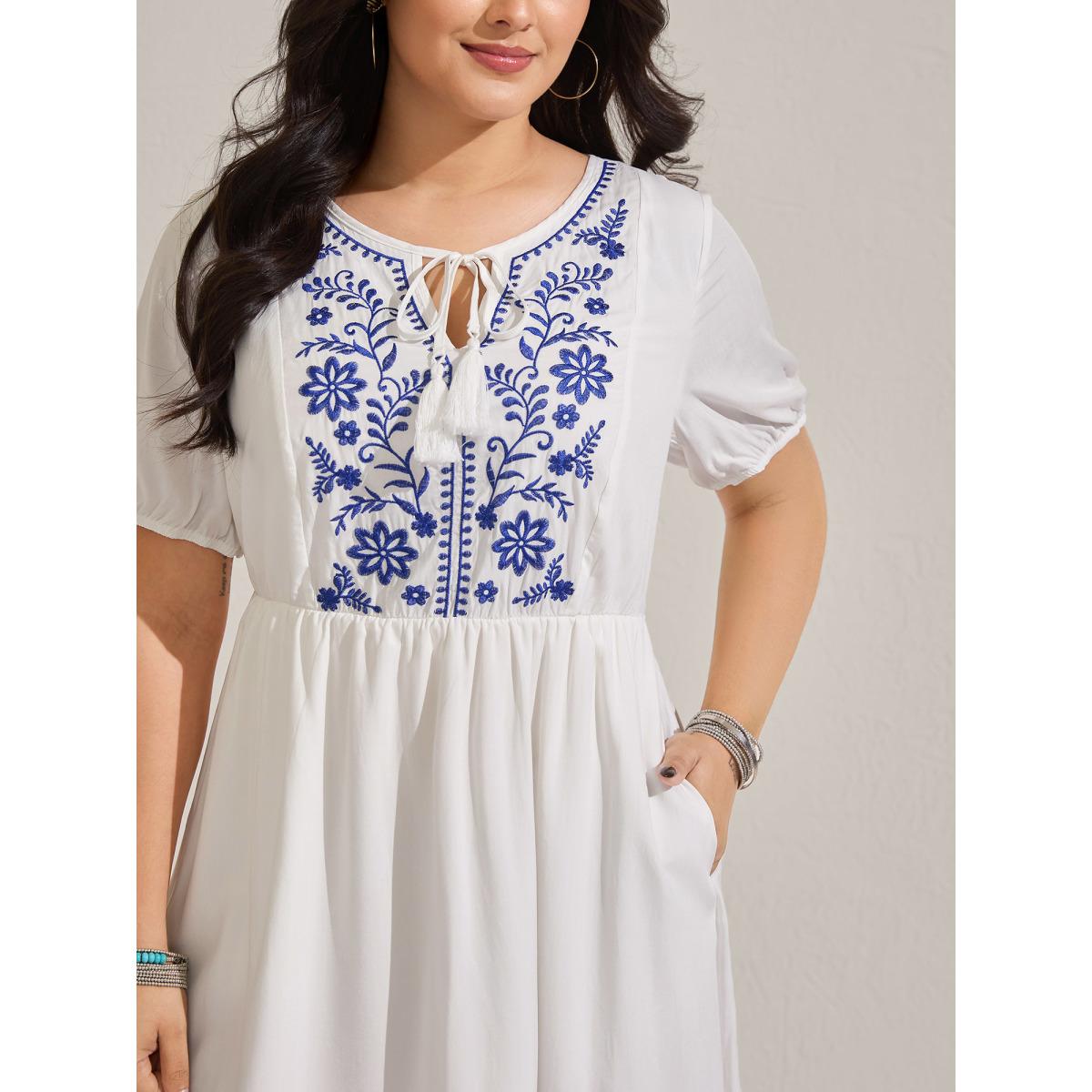 Plus Size Floral Embroidery Pockets Tassels Midi Dress Ivory Women Notched collar Short sleeve Curvy BloomChic 28/5X Product Image