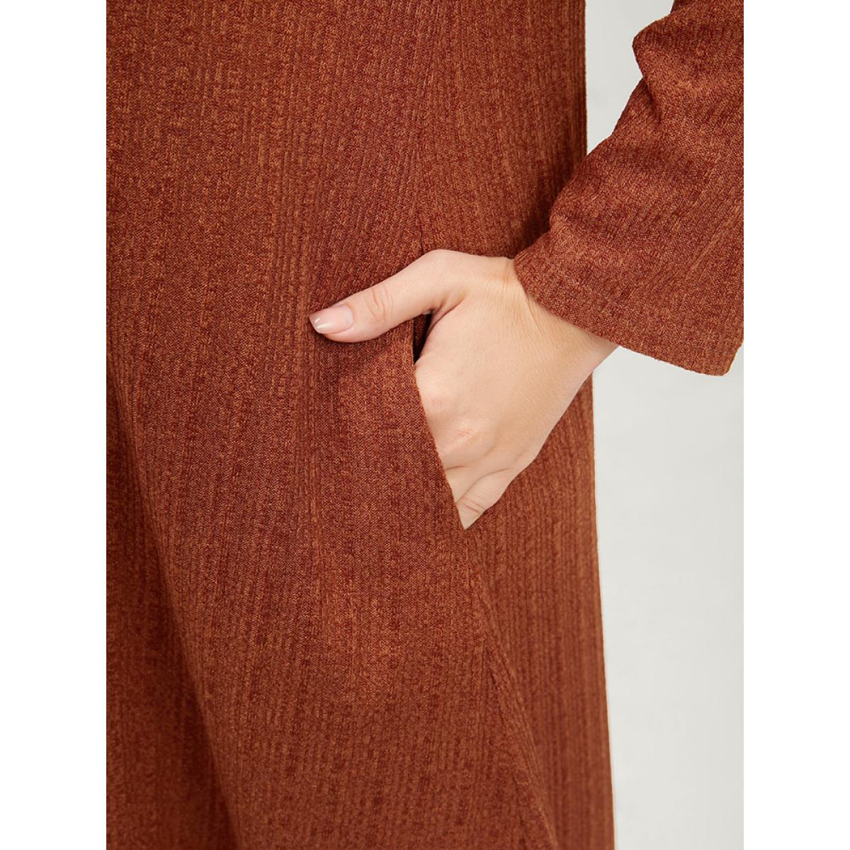 Plus Size Solid Pocket Lace Up Arc Hem Dress Without Belt Rust Women Elegant Cross straps V-neck Long Sleeve Curvy Midi Dress BloomChic 28/5X Product Image