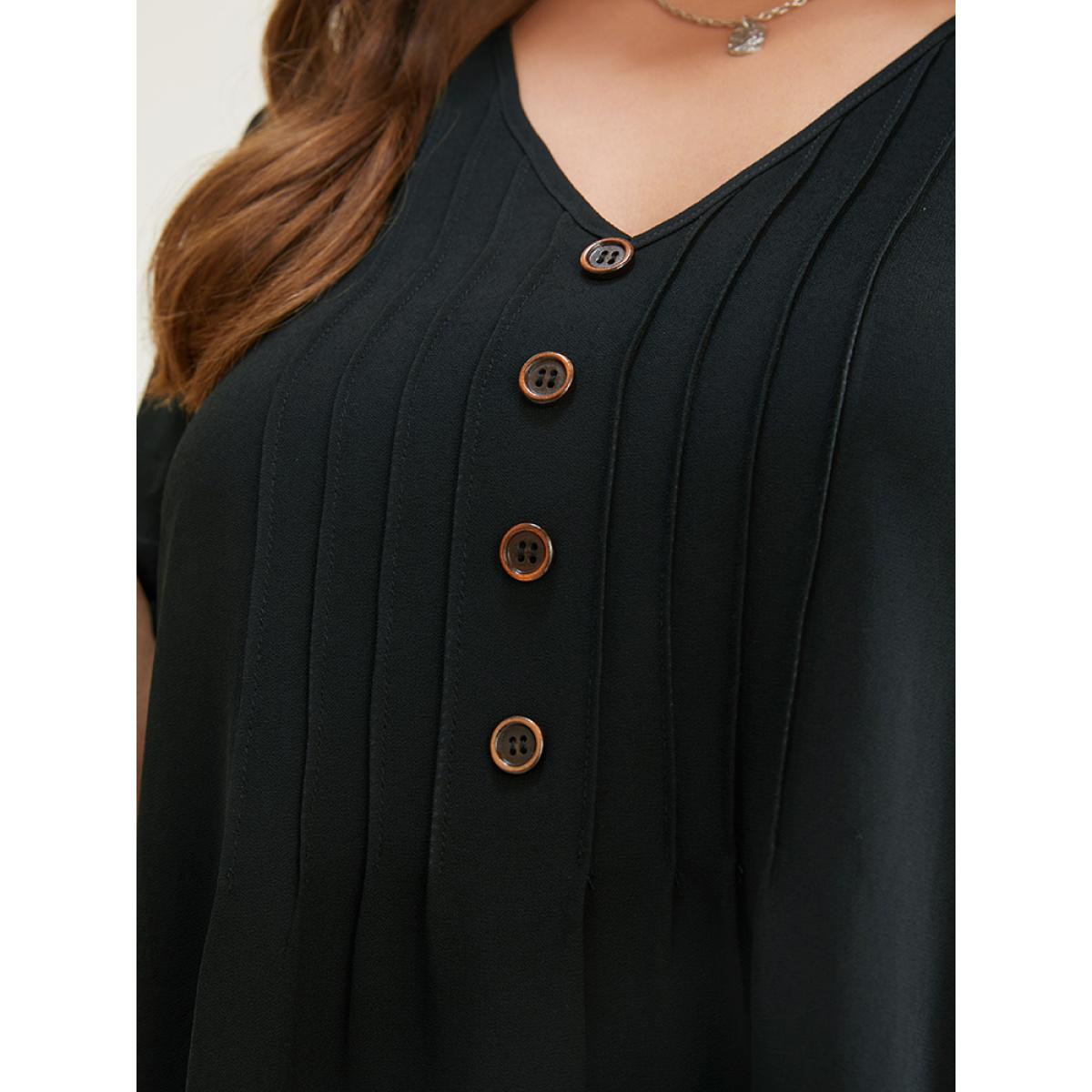 Plus Size Black Plain V Neck Mesh Ruffle Sleeve Button Detail Blouse Women Casual Short sleeve V-neck Office Blouses BloomChic 10/M Product Image