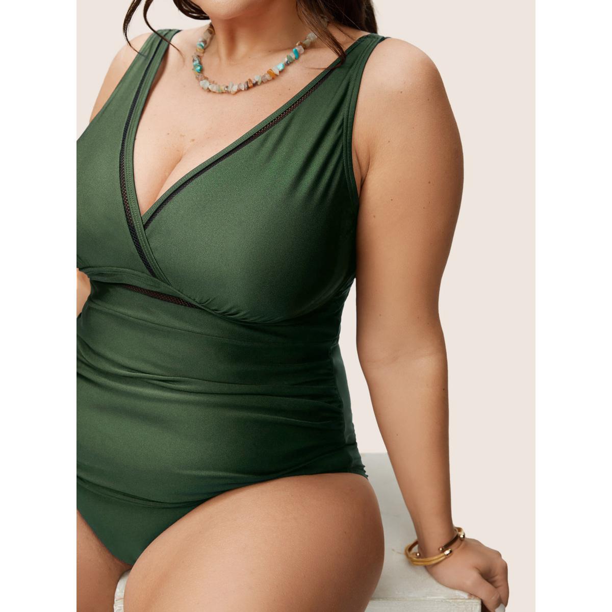 Plus Size Solid Adjustable Straps Gathered One Piece Swimsuit Women's Swimwear ArmyGreen Resort Non Curve Bathing Suits High stretch One Pieces BloomChic 14-16/1X Product Image