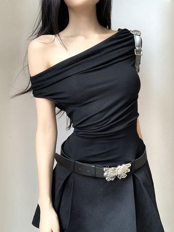 Off Shoulder Butterfly Belt Pleated Mini Dress Product Image