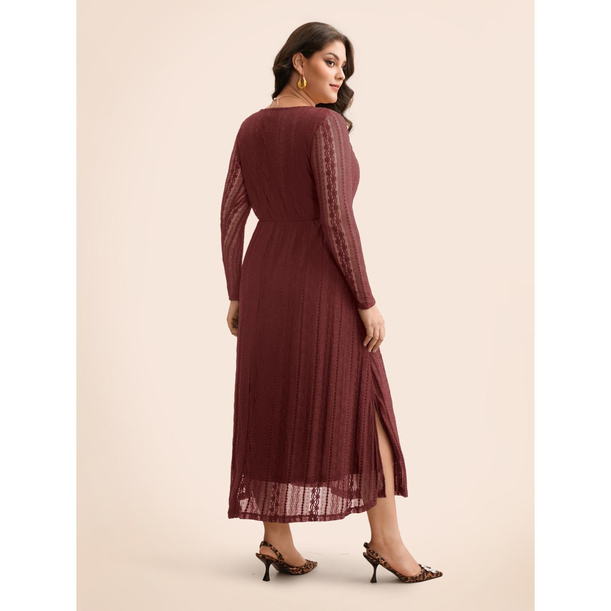 Plus Size Lace Panel Square Neck Tie Knot Dress Burgundy Women Elegant Tie knot Square Neck Long Sleeve Curvy BloomChic 14-16/1X Product Image