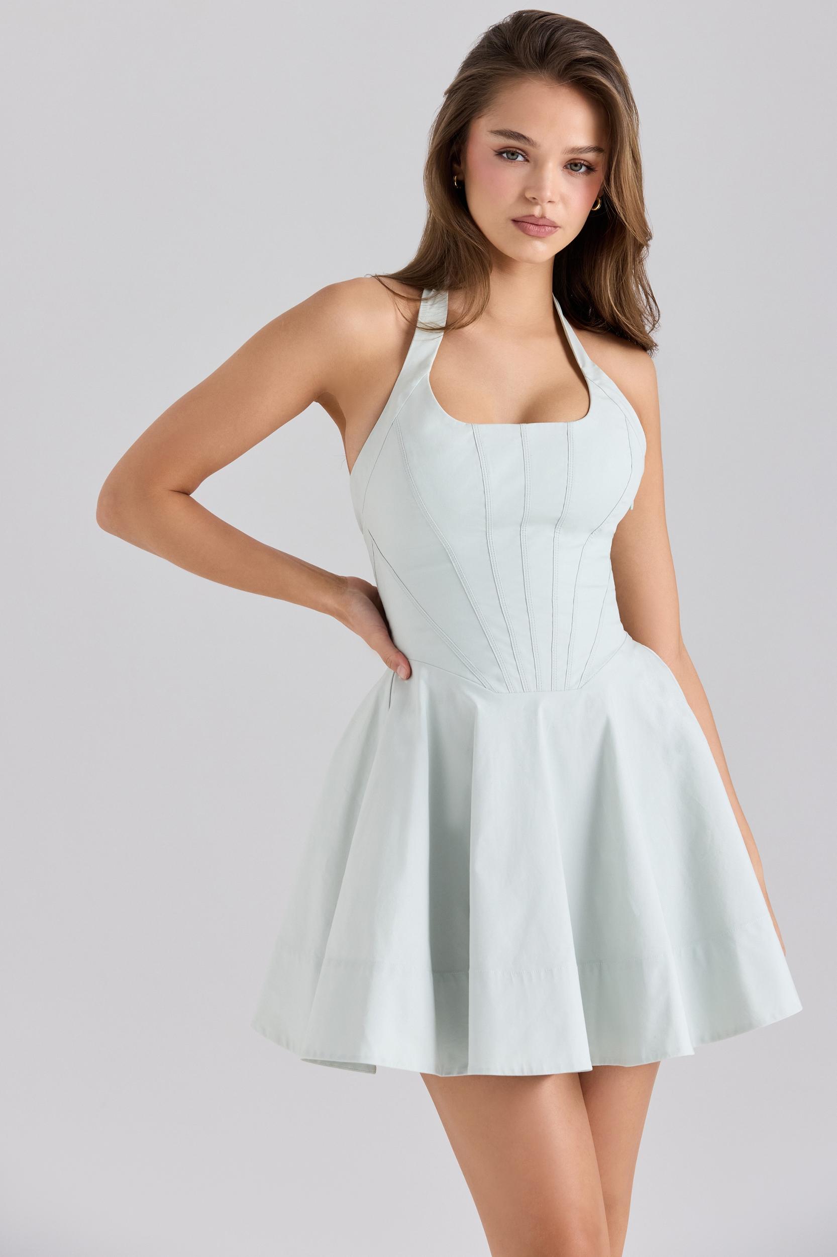 Sasha  pistachio stretch cotton halter neck mini dress Product Image