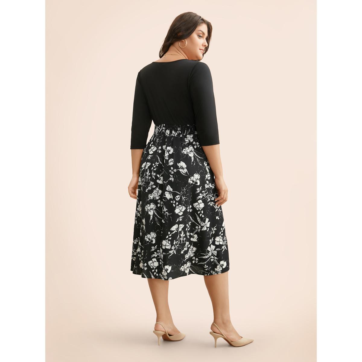 Plus Size Floral Patchwork Lace Trim Midi Dress Black Women Elegant Woven ribbon&lace trim V-neck Elbow-length sleeve Curvy BloomChic 14-16/1X Product Image