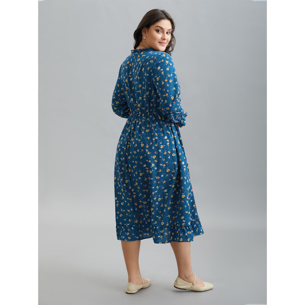 Plus Size Floral Print Collar Tiered Skirt Midi Dress Mediumblue Women Casual Frill Trim Flat collar with V-notch Long Sleeve Curvy BloomChic 22-24/3X Product Image