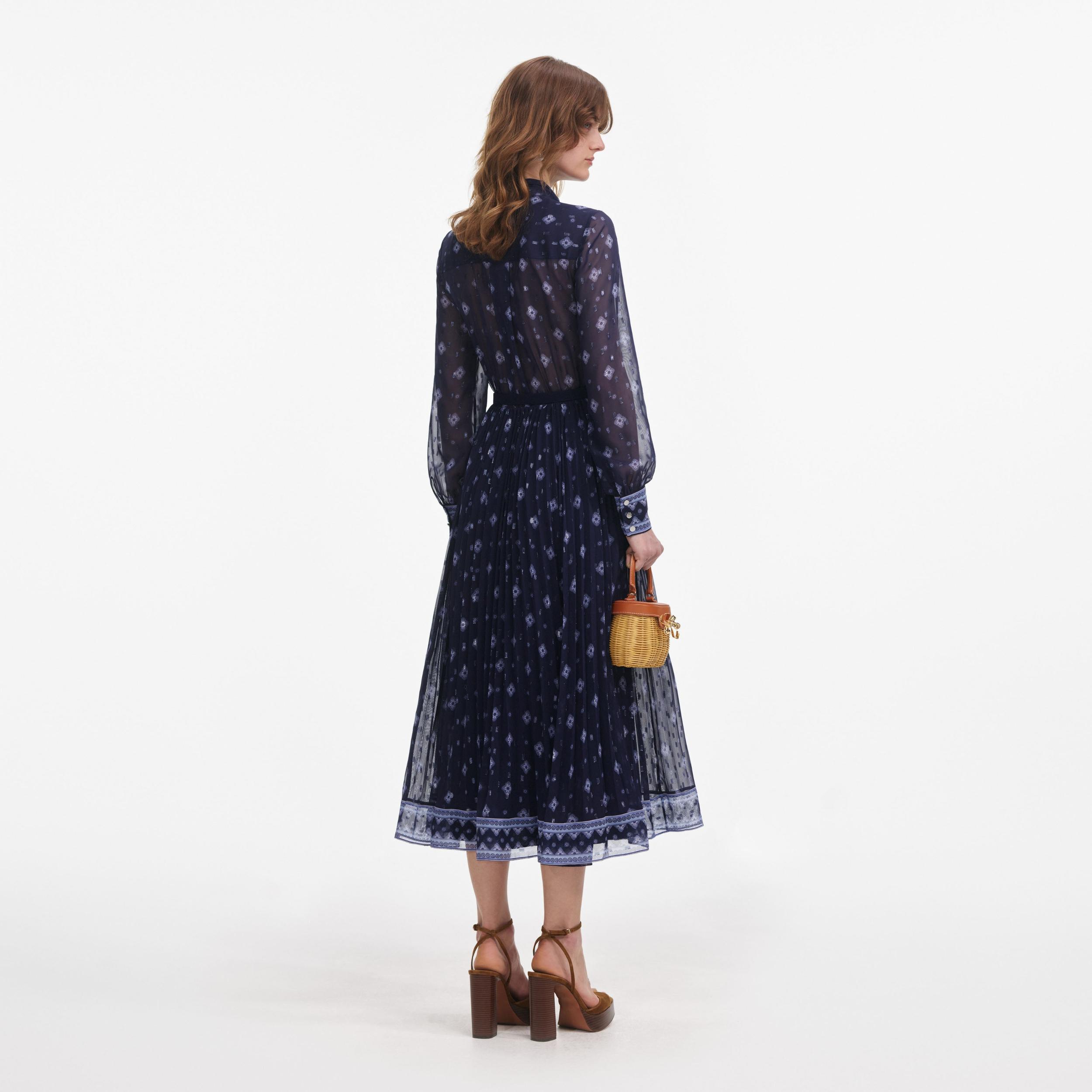 Navy Printed Chiffon Midi Dress Product Image