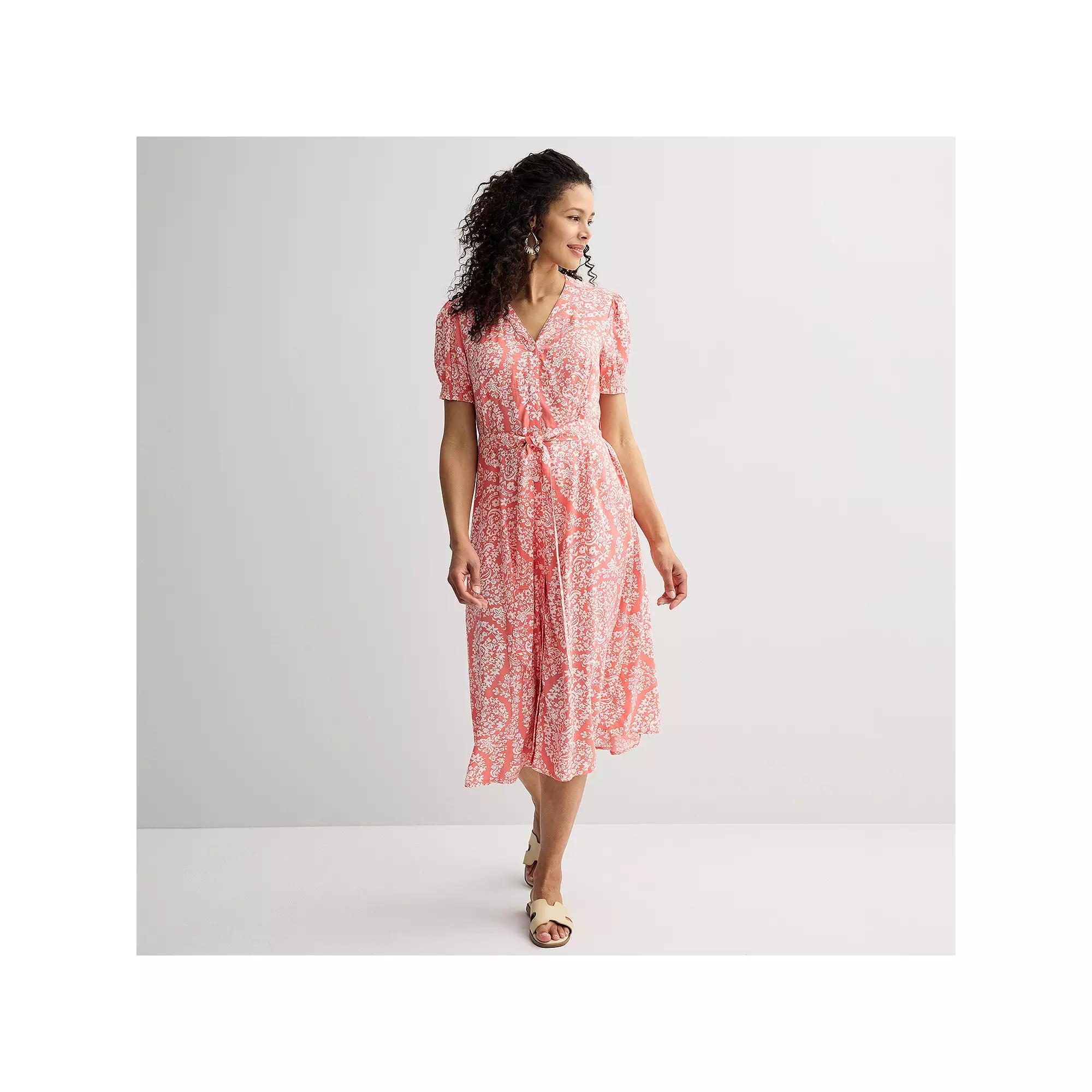 Women's Croft & Barrow® Button Front V-Neck Midi Dress, Size: XS, Pink Floral Paisley Product Image