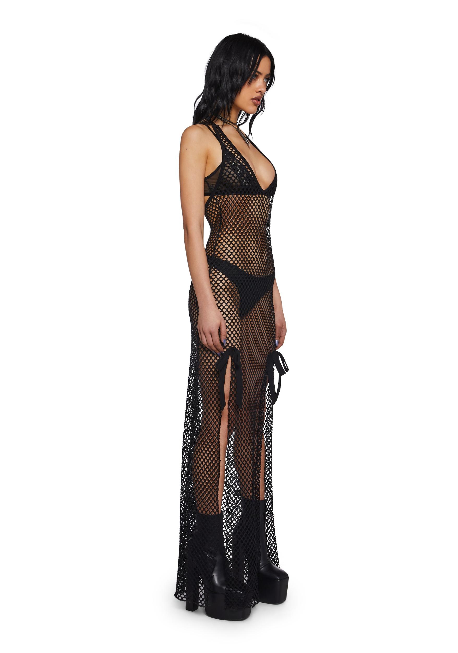 Womens Fishnet Plunge Maxi Dress Current Mood - Black Product Image