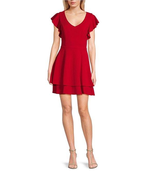 Next Up Short Flutter Sleeve V-Neck Back Twist Cut Out Loop And Button Solid Dress Product Image