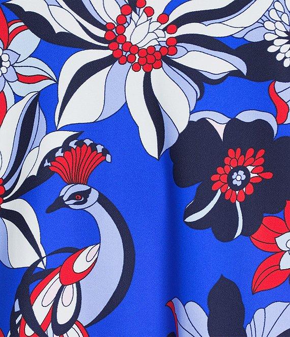 Jude Connally Pagoda Twirling Peacock Print Knit Point Collar V-Neck Short Puff Sleeve Drop Waist Flounce Hem Dress Product Image