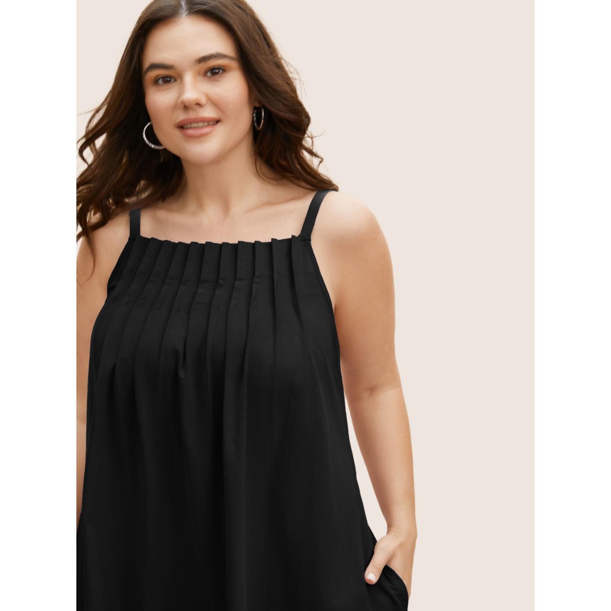 Plus Size Cotton Plain Pleated Loose Fit Cami Dress Black Women Leisure Ruffles Non Sleeveless Curvy BloomChic 22-24/3X Product Image