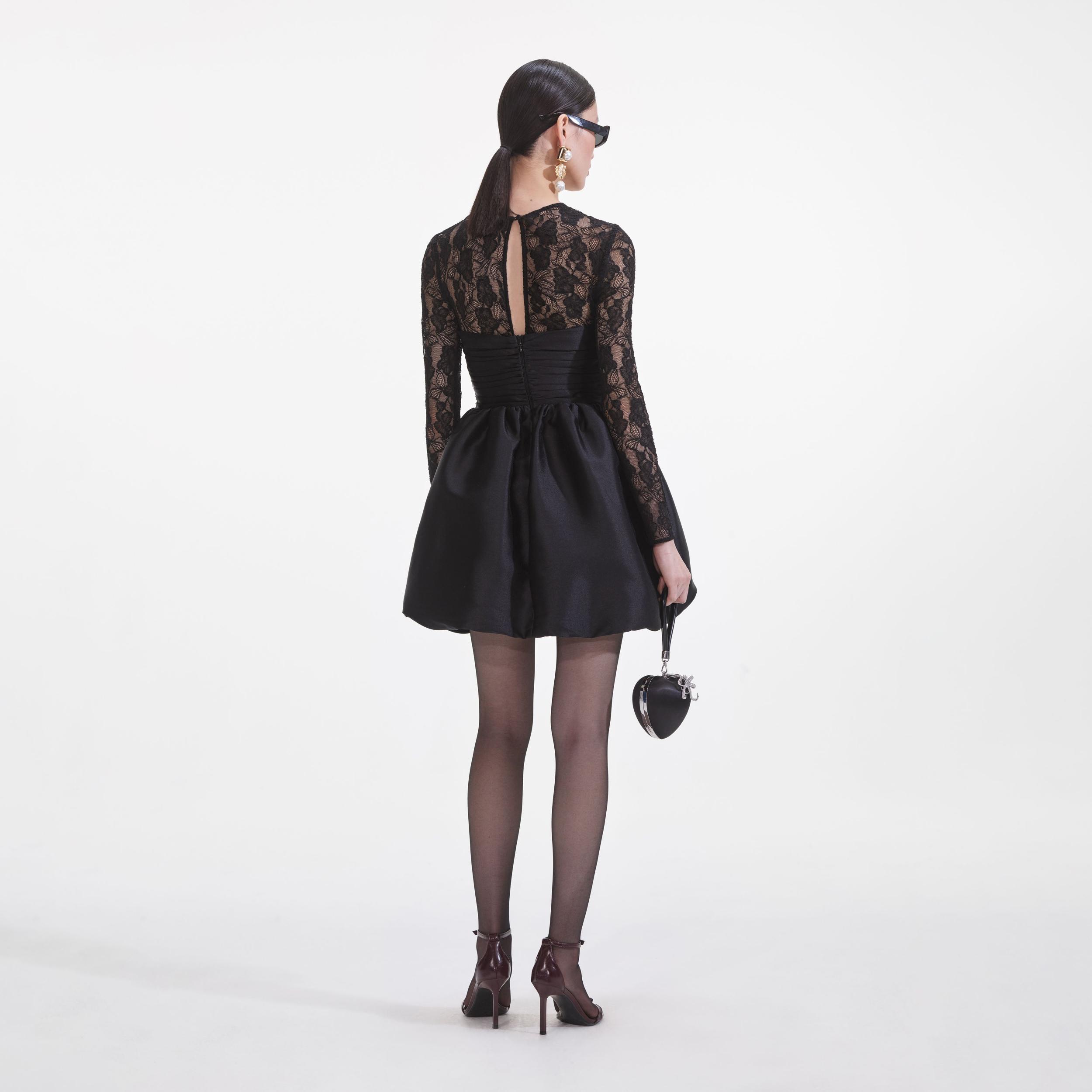 Black Taffeta Lace Mini Dress Product Image