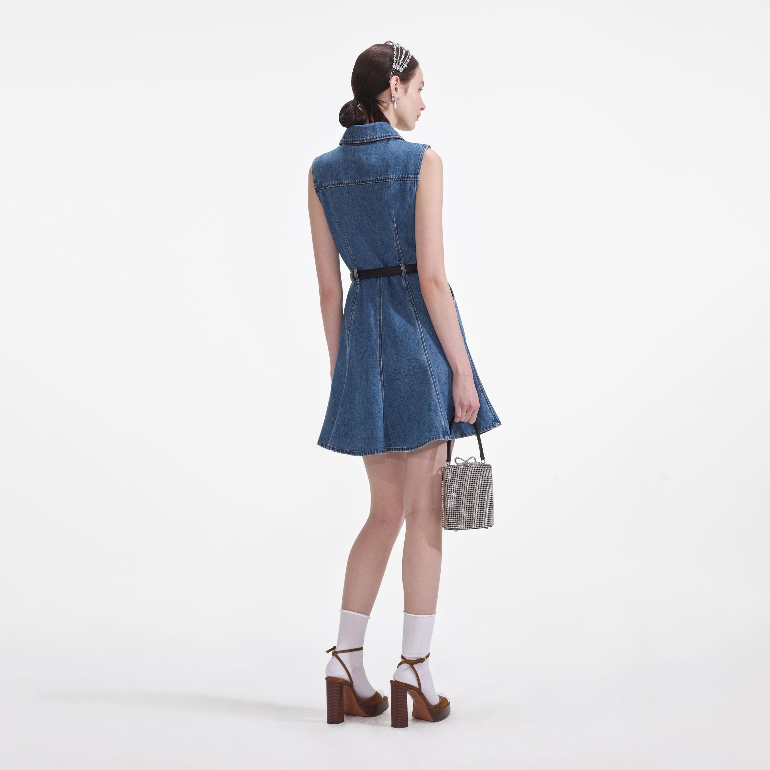 Denim Sleeveless Pearl Mini Dress Product Image