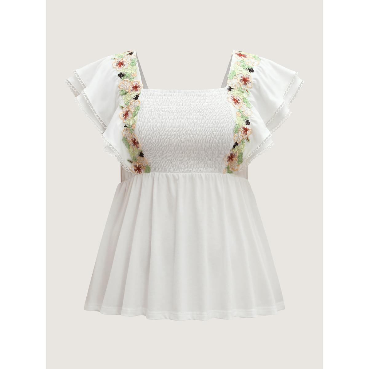 Plus Size Floral Lace Stretchy Shirred Tank Top Women WhiteSmoke Woven ribbon&lace trim Square Neck Casual Tank Tops Camis BloomChic 22-24/3X Product Image