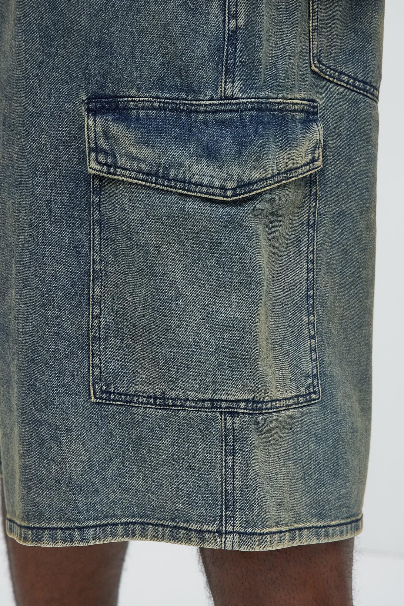 Hit Me With Baggy Cargo Denim Shorts - Vintage Blue Wash Product Image
