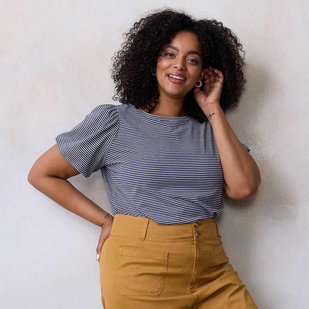 Plus Size LC Lauren Conrad Bubble Sleeve Tee, Womens Blue Amalfi Stripe Product Image