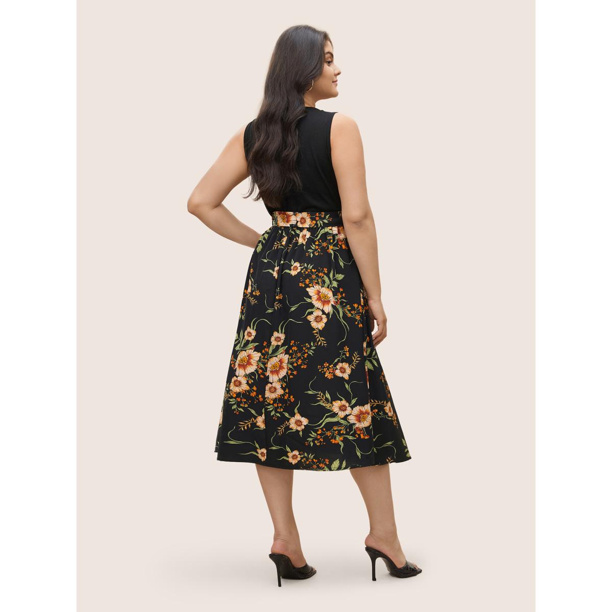Plus Size Floral Patchwork Pocket Elastic Waist Sleeveless Dress Black Women Elegant Non Sleeveless Curvy Midi Dress BloomChic 22-24/3X Product Image