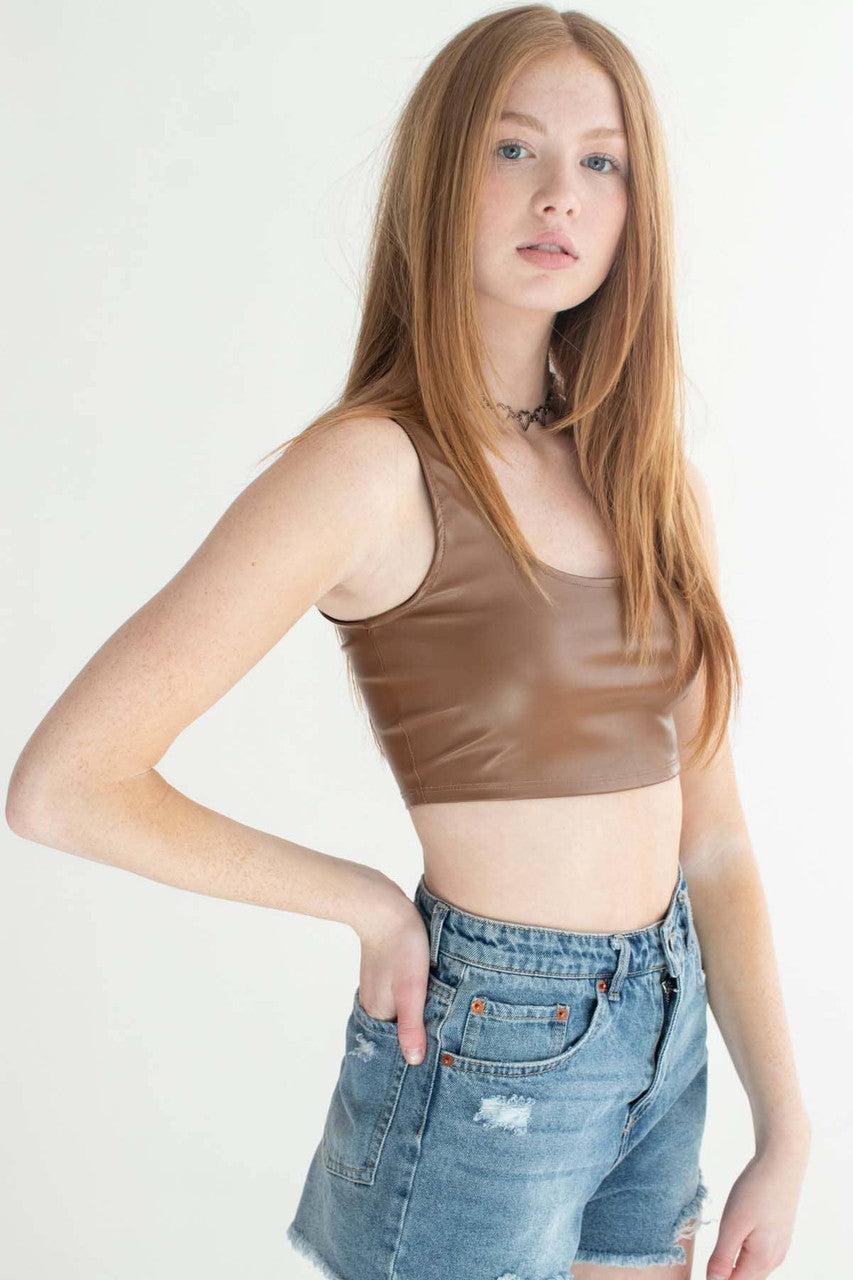 Brown Pleather Crop Tank Product Image