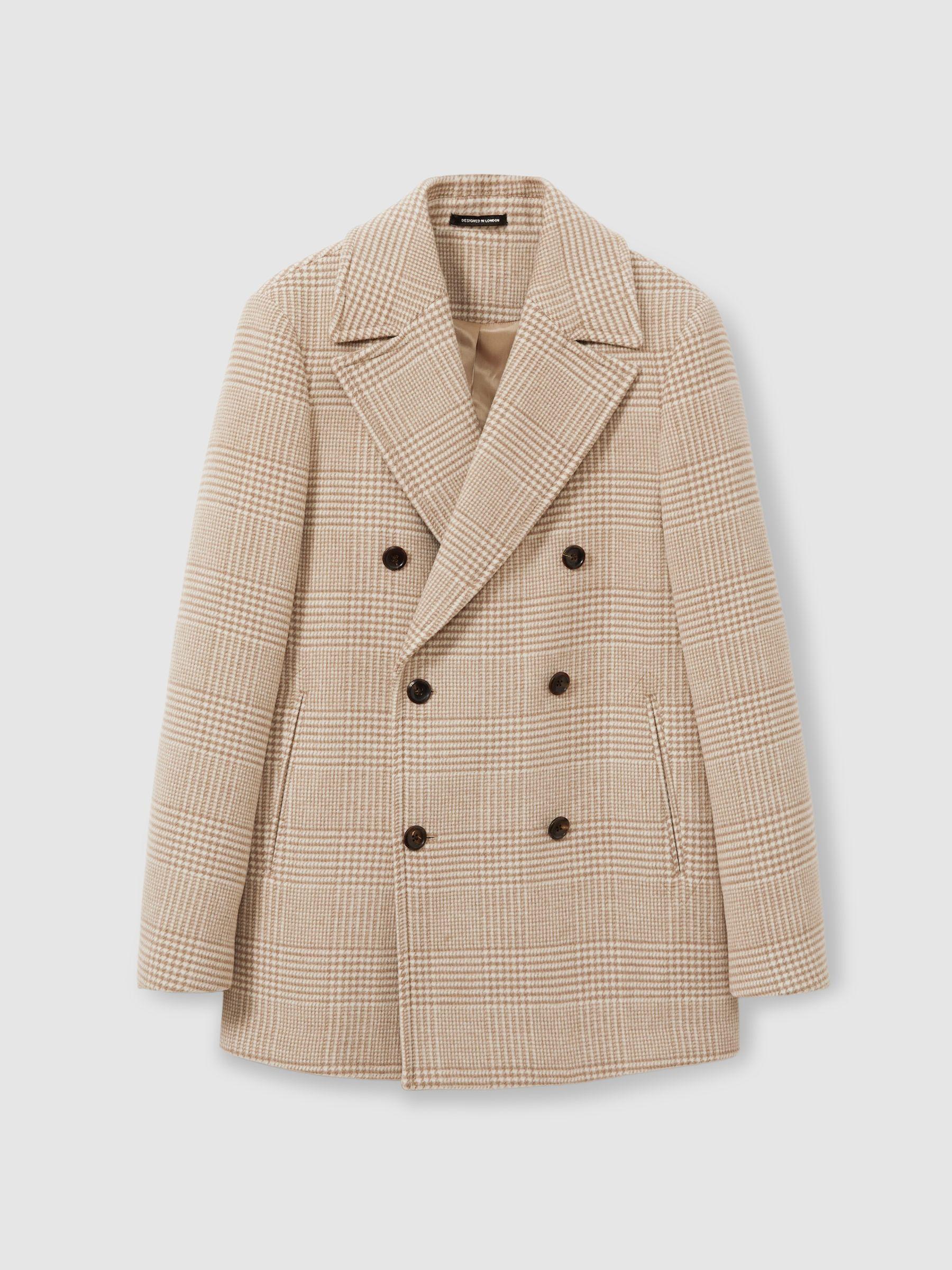 Wool Blend Double Breasted Peacoat in Oatmeal Check Product Image