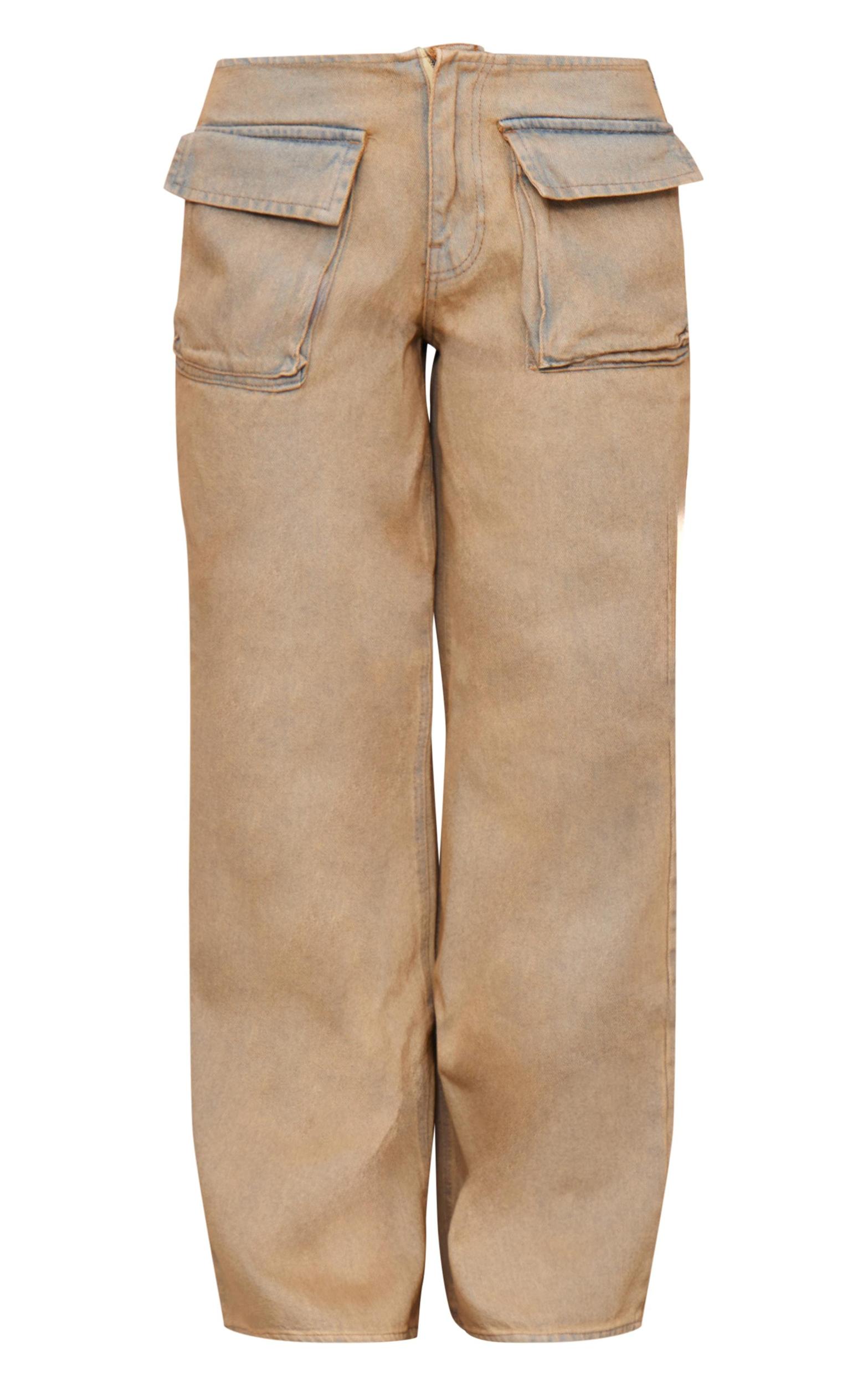 Brown Acid Wash Pocket Detail Frayed Hem Wide Leg Jean Product Image