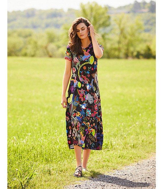 JOHNNY WAS The Janie Favorite Jenny Scarf Mixed Print Crew Neck Cap Sleeve Midi Dress Product Image