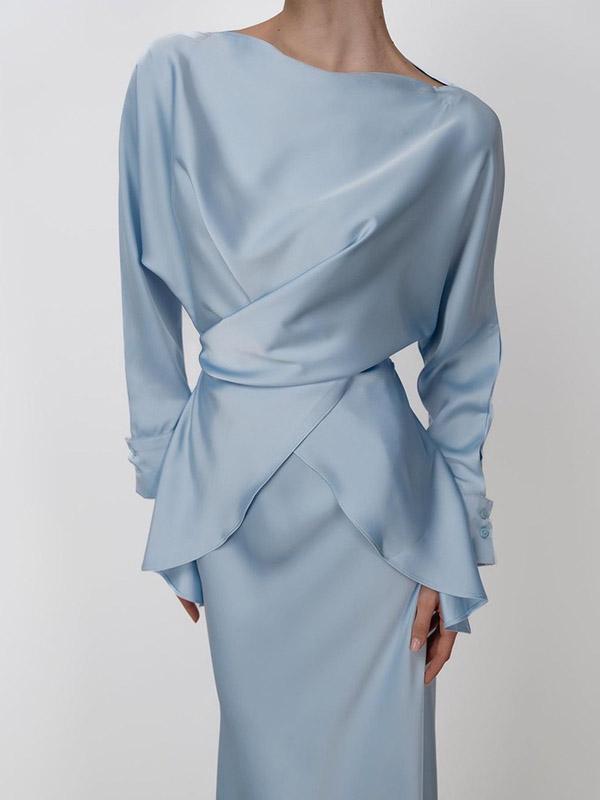 Loose Solid Color Split-Joint Boat Neck Long Sleeves Blouse & Shirt + Skirt Two Pieces Set Product Image