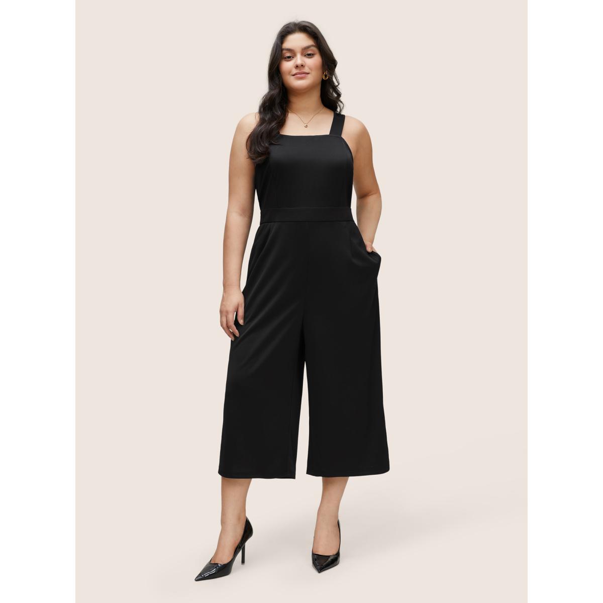 Plus Size Black Solid Adjustable Straps Pocket Cami Jumpsuit Women Workwear Essentials Sleeveless Non Work Loose Jumpsuits BloomChic 28/5X Product Image