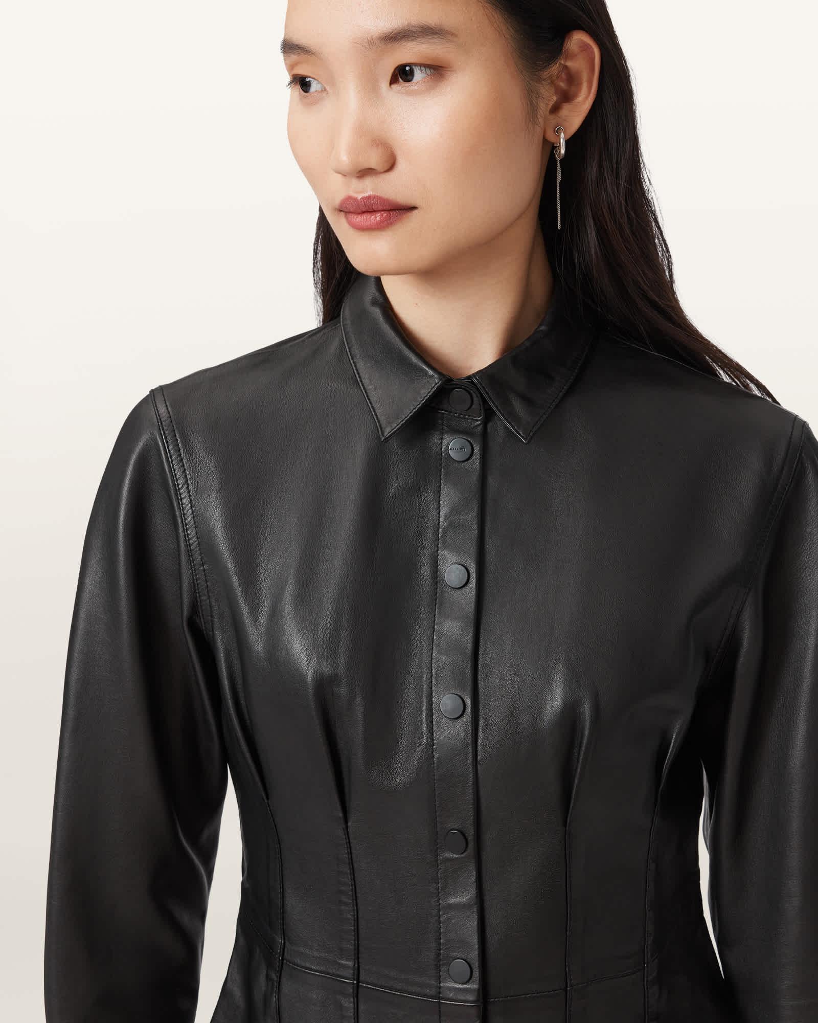 Larson Leather Pleated Shirt Black | ALLSAINTS US Product Image