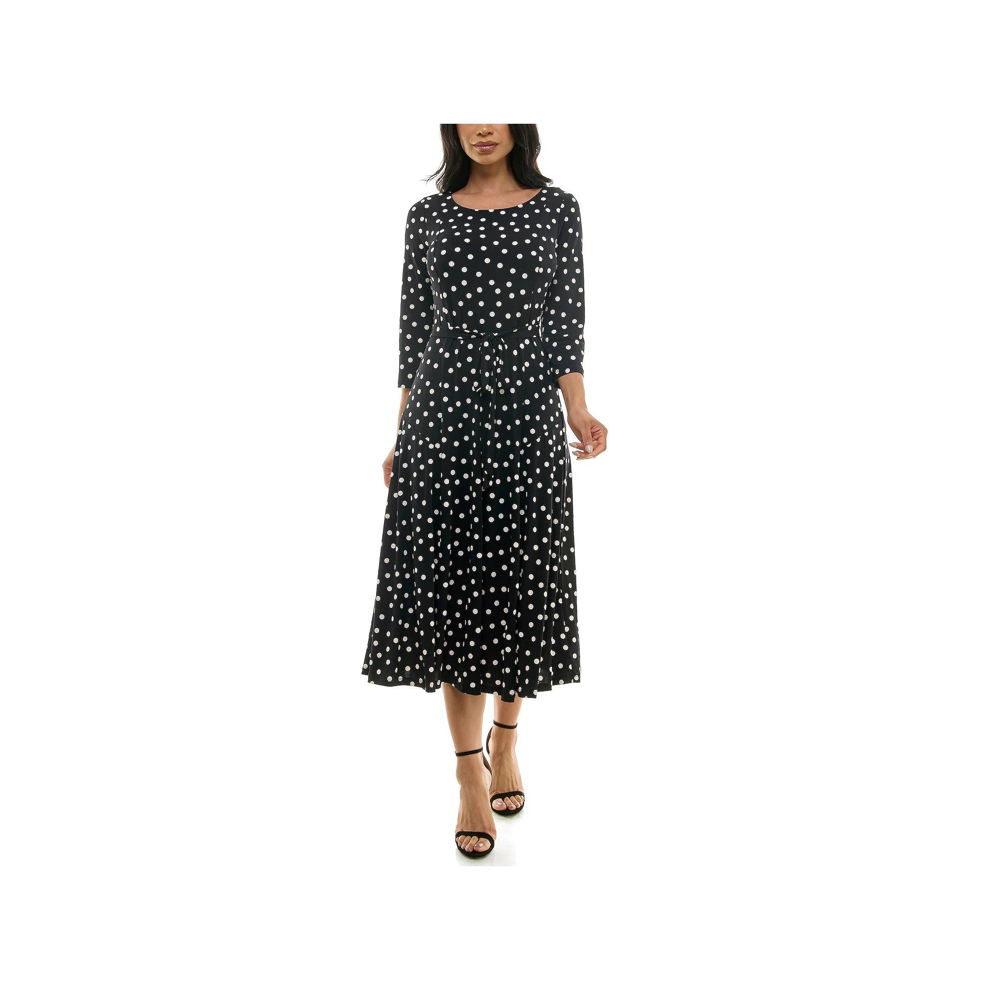 Women's Nina Leonard Belted 3/4 Sleeve Print Midi Dress, Size: Small, Blue Blue Ivory Product Image