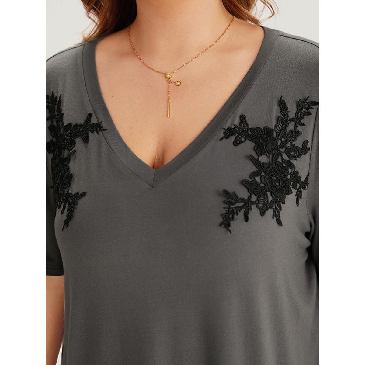 Plus Size Supersoft Essentials Floral V Neck Short Sleeve T-shirt DimGray Women Elegant Embroidered Silhouette Floral Print V-neck Dailywear T-shirts BloomChic 14-16/1X Product Image