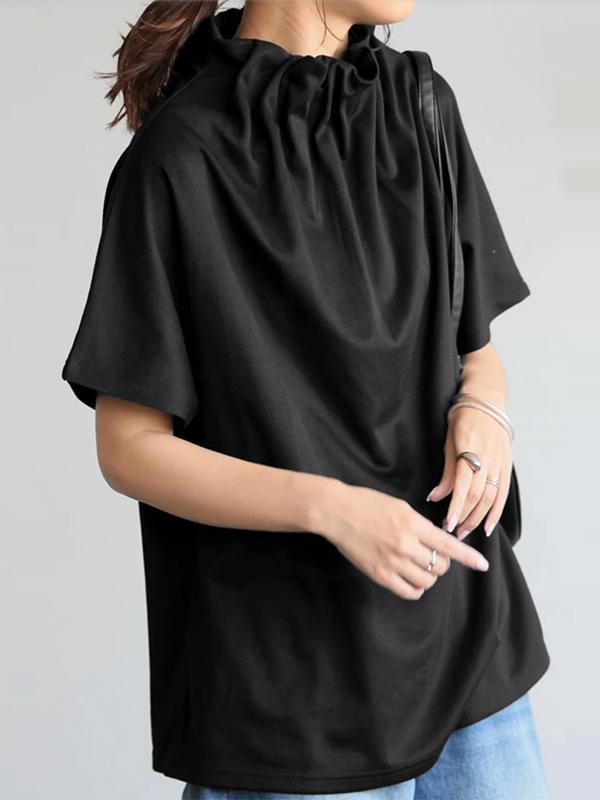 Loose Short Sleeves Solid Color Stand Collar T-Shirts Tops Product Image