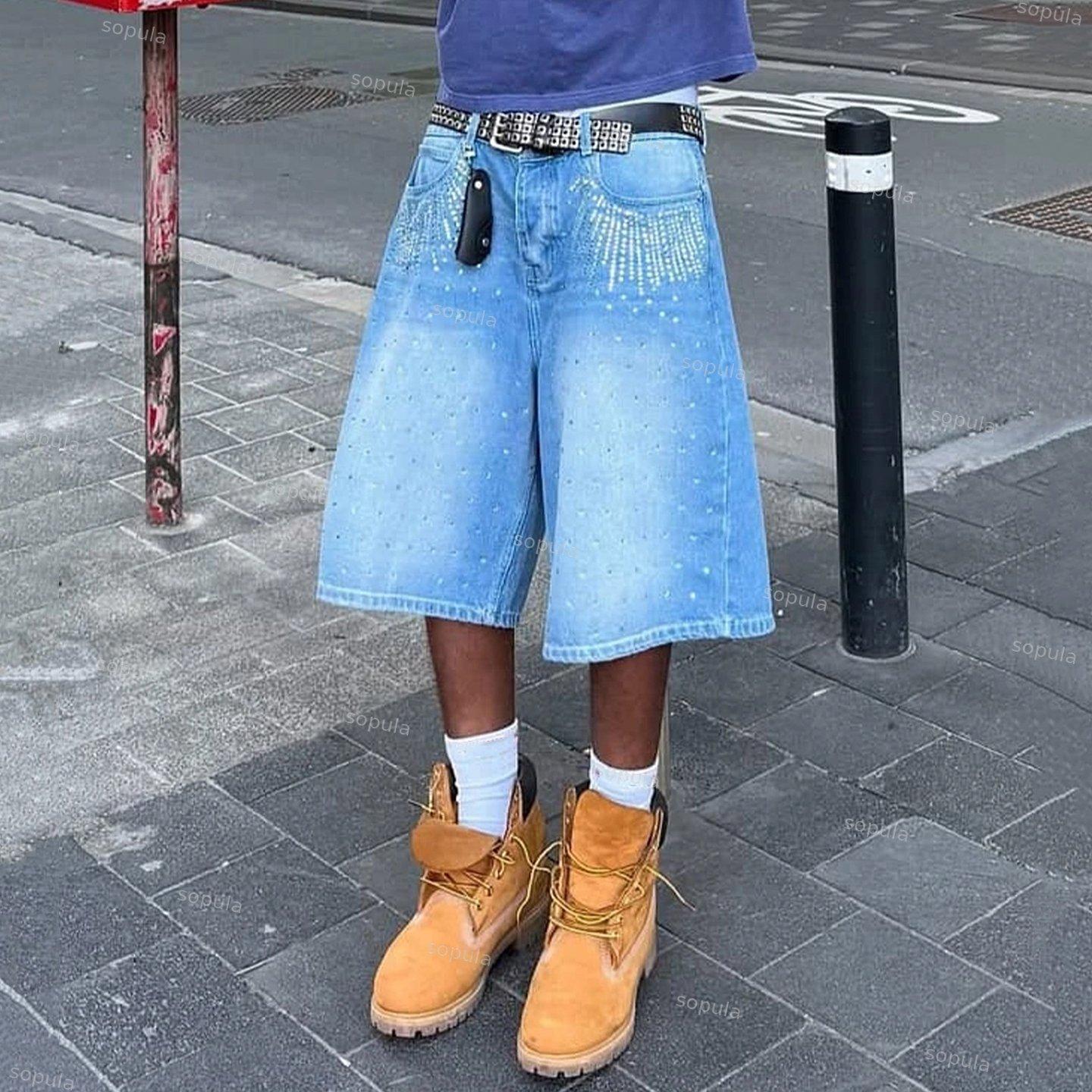 Street Washed Hot Diamond Design Baggy Jorts Denim Shorts Product Image