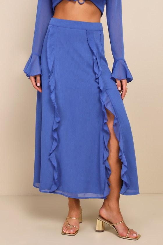 Destined to Stun Blue Chiffon Ruffled Midi Skirt Product Image