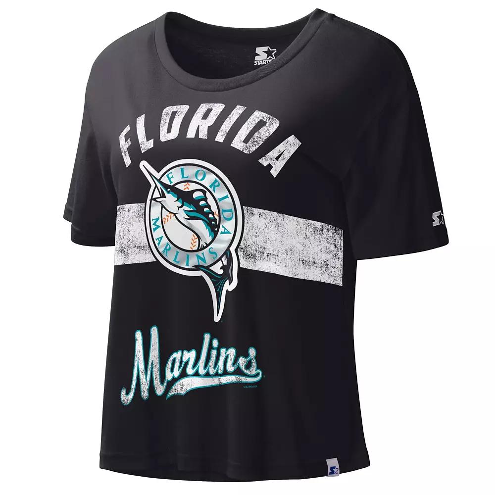 Women's Starter Black Florida Marlins Cooperstown Collection Record Setter Crop Top, Size: XL, Mlb Black Product Image