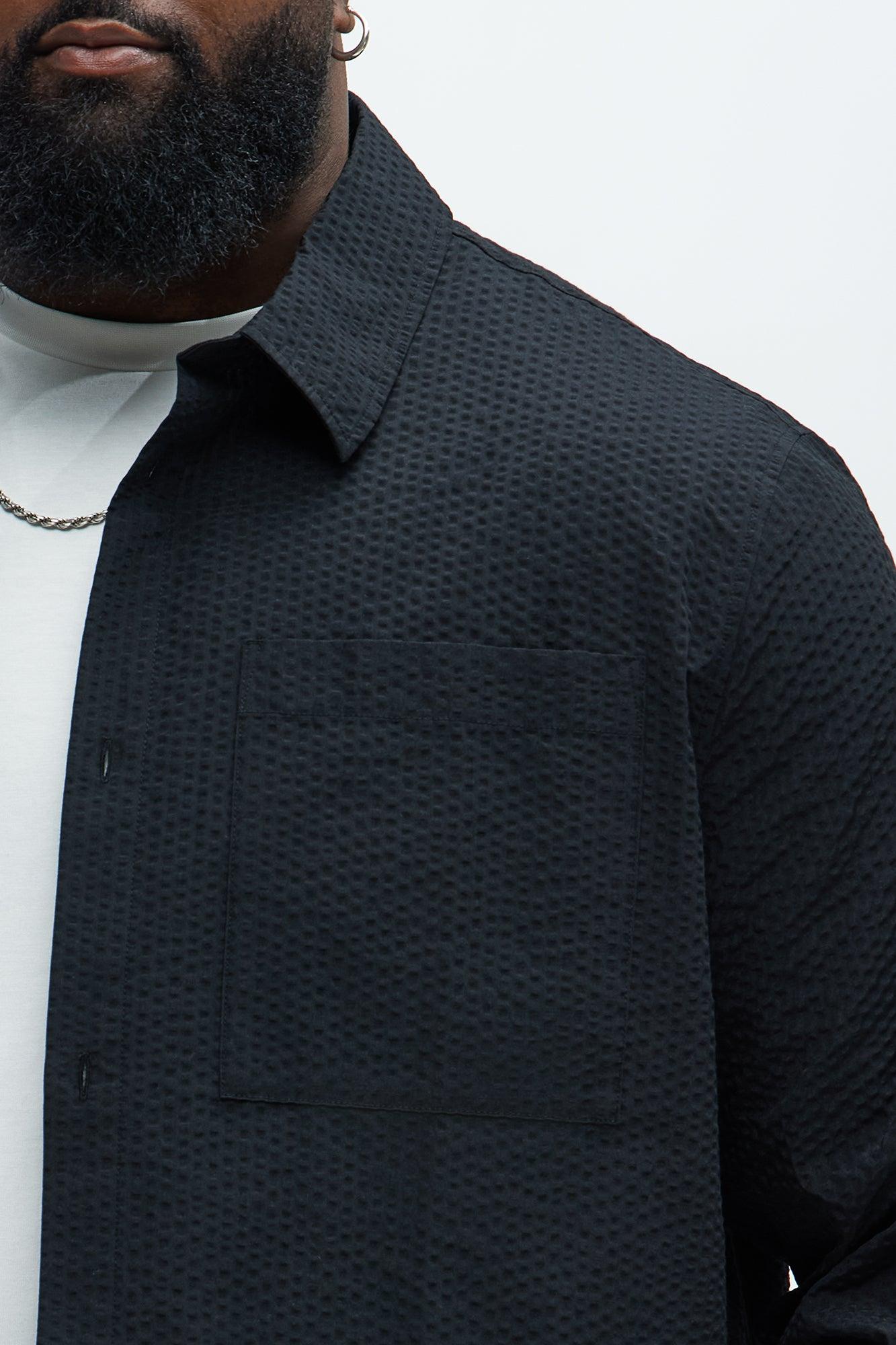 Seersucker Long Sleeve Button Up Shirt - Black Product Image