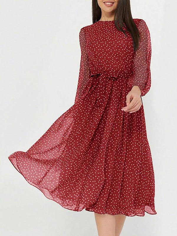 A-Line High Waisted Polka-Dot Tied Waist Round-Neck Midi Dresses Product Image