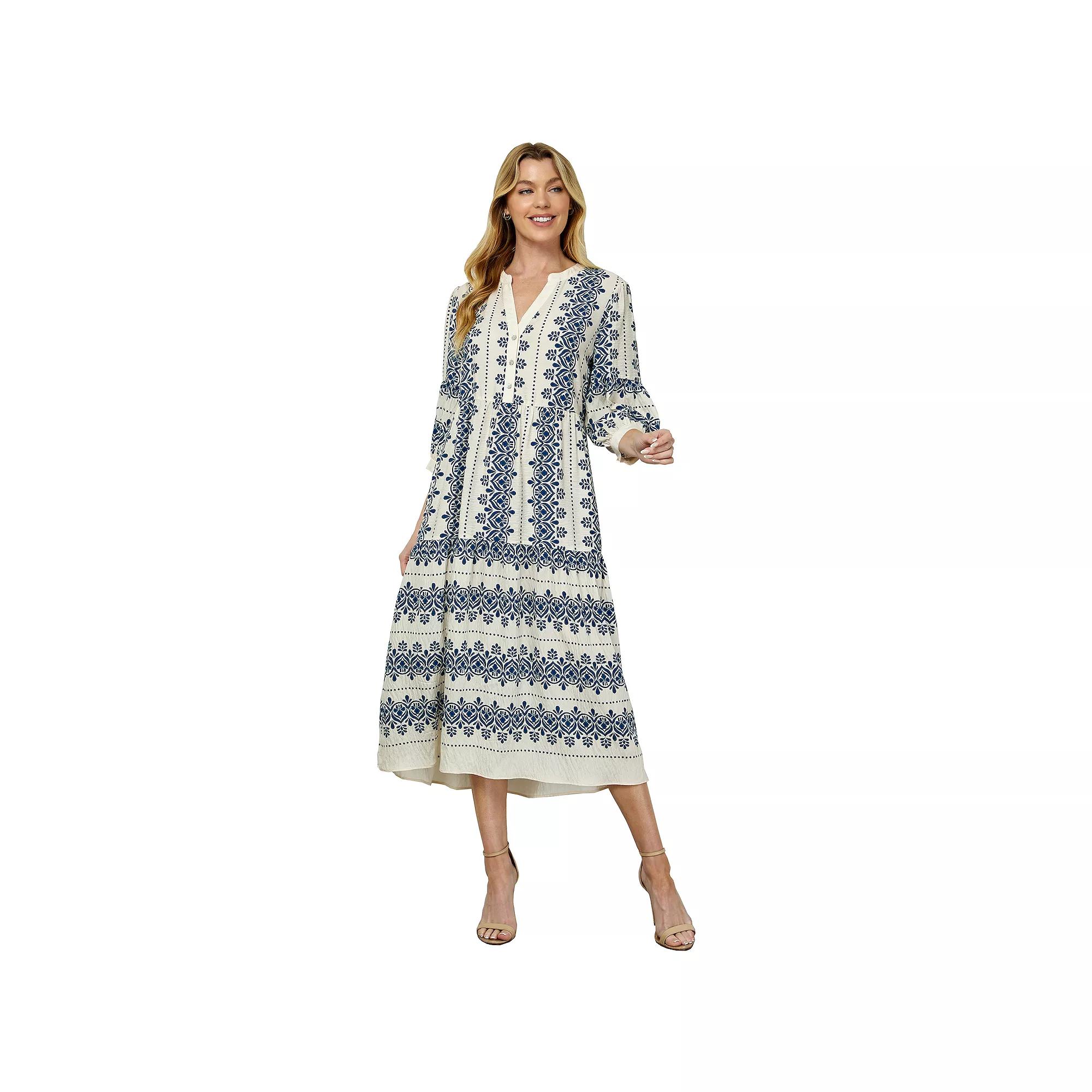 Women's Figueroa & Flower Long Sleeve V-Neck Midi Dress, Size: XL, Ivory Navy Product Image