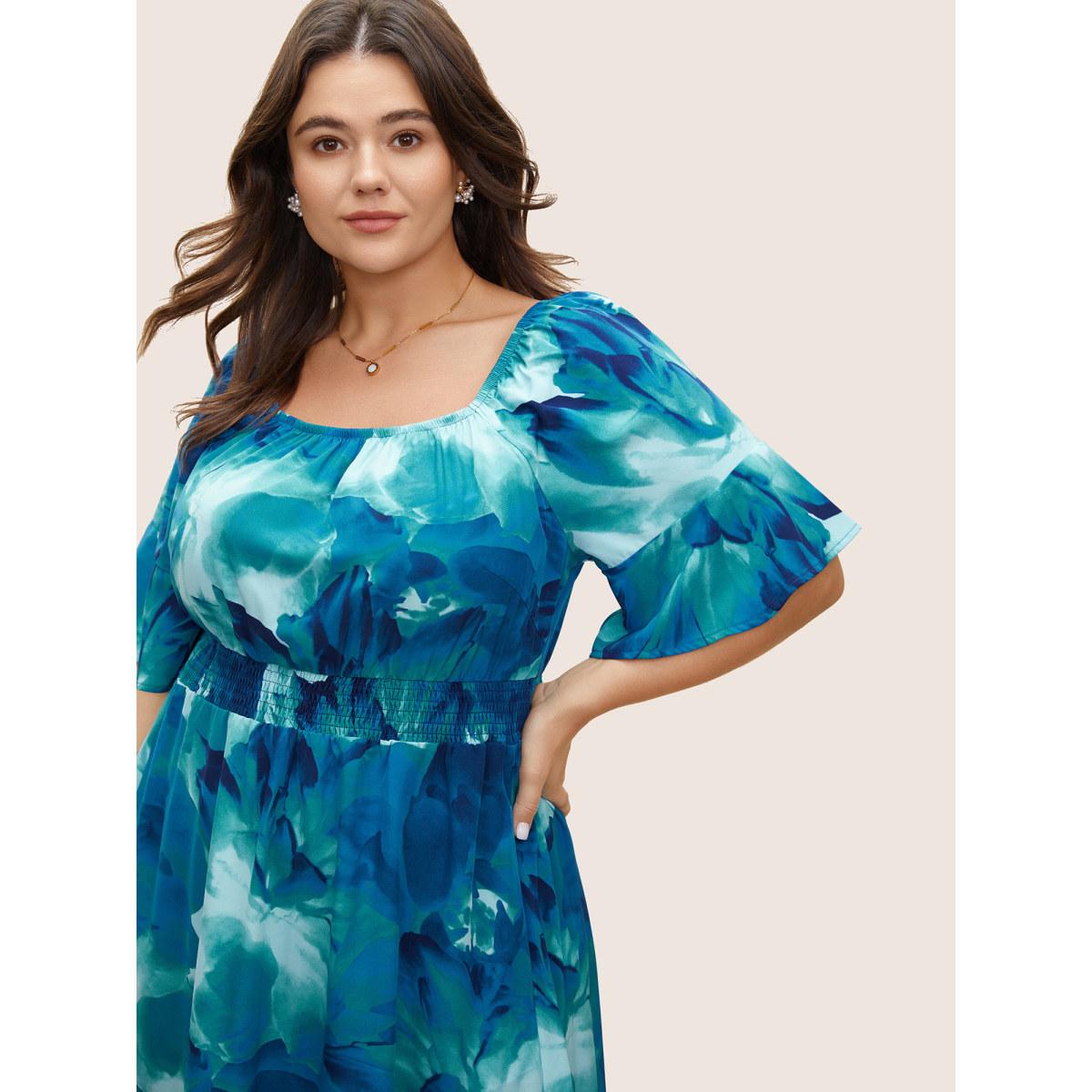 Plus Size Square Neck Floral Shirred Ruffle Sleeve Dress Blue Women Elegant Non Square Neck Short sleeve Curvy Midi Dress BloomChic 12/L Product Image