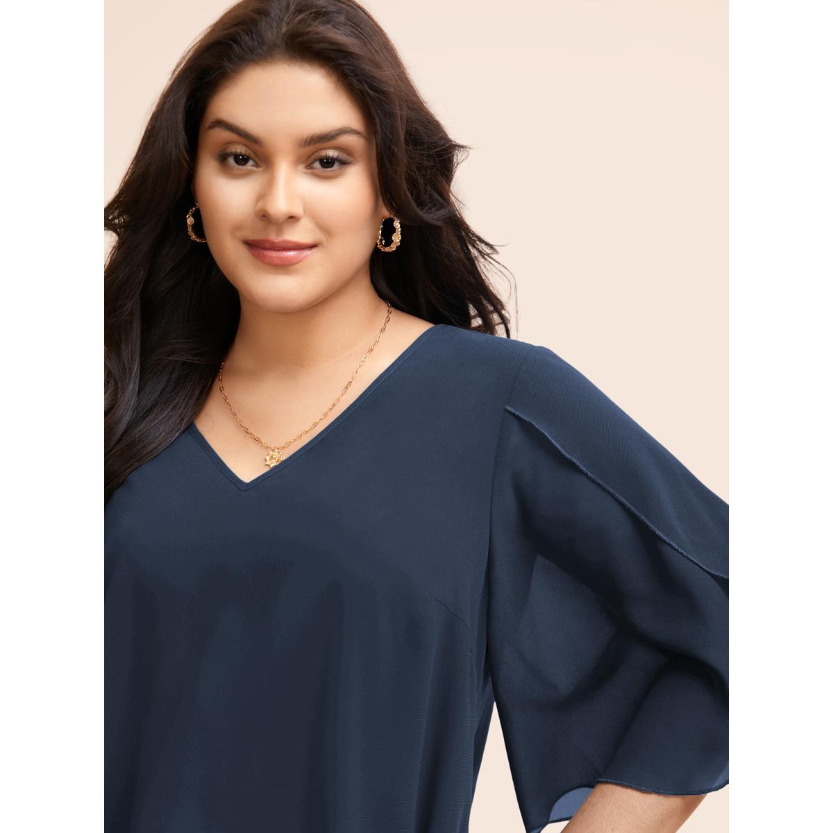 Plus Size Indigo Chiffon Gathered Petal Sleeve Blouse Women Elegant Elbow-length sleeve V-neck Everyday Blouses BloomChic 28/5X Product Image