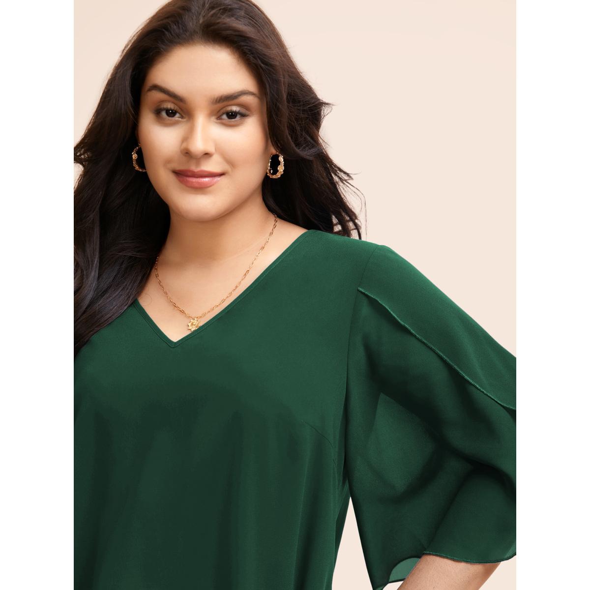 Plus Size DarkGreen Chiffon Gathered Petal Sleeve Blouse Women Elegant Elbow-length sleeve V-neck Everyday Blouses BloomChic 30/6X Product Image