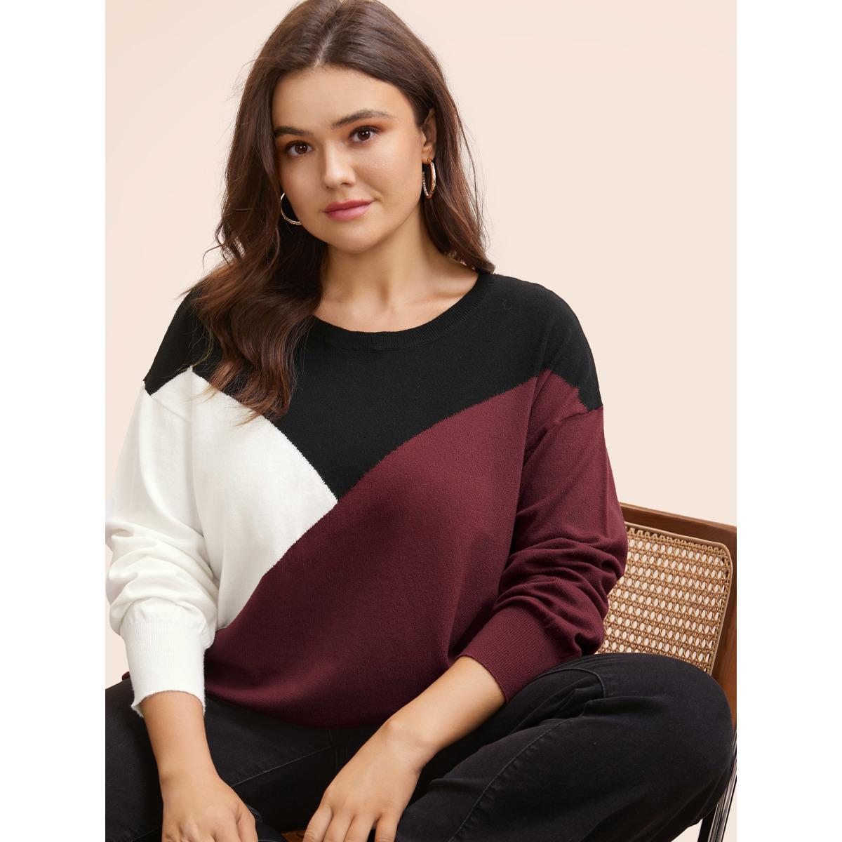 Plus Size Supersoft Essentials Colorblock Contrast Pullover Burgundy Women Casual Long Sleeve Round Neck Everyday Pullovers BloomChic 18-20/2X Product Image