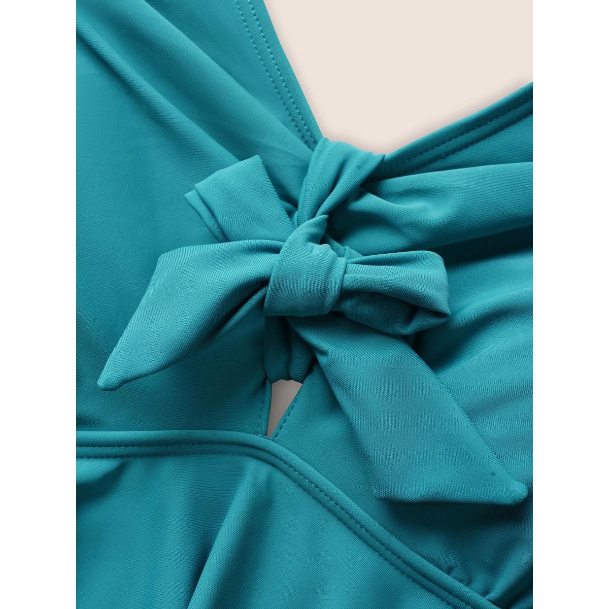 Plus Size Knotted Front Ruffle Tiered Tankini Top Women's Swimwear Turquoise Beach Ruffles High stretch Bodycon V-neck Curve Swim Tops BloomChic 22-24/3X Product Image