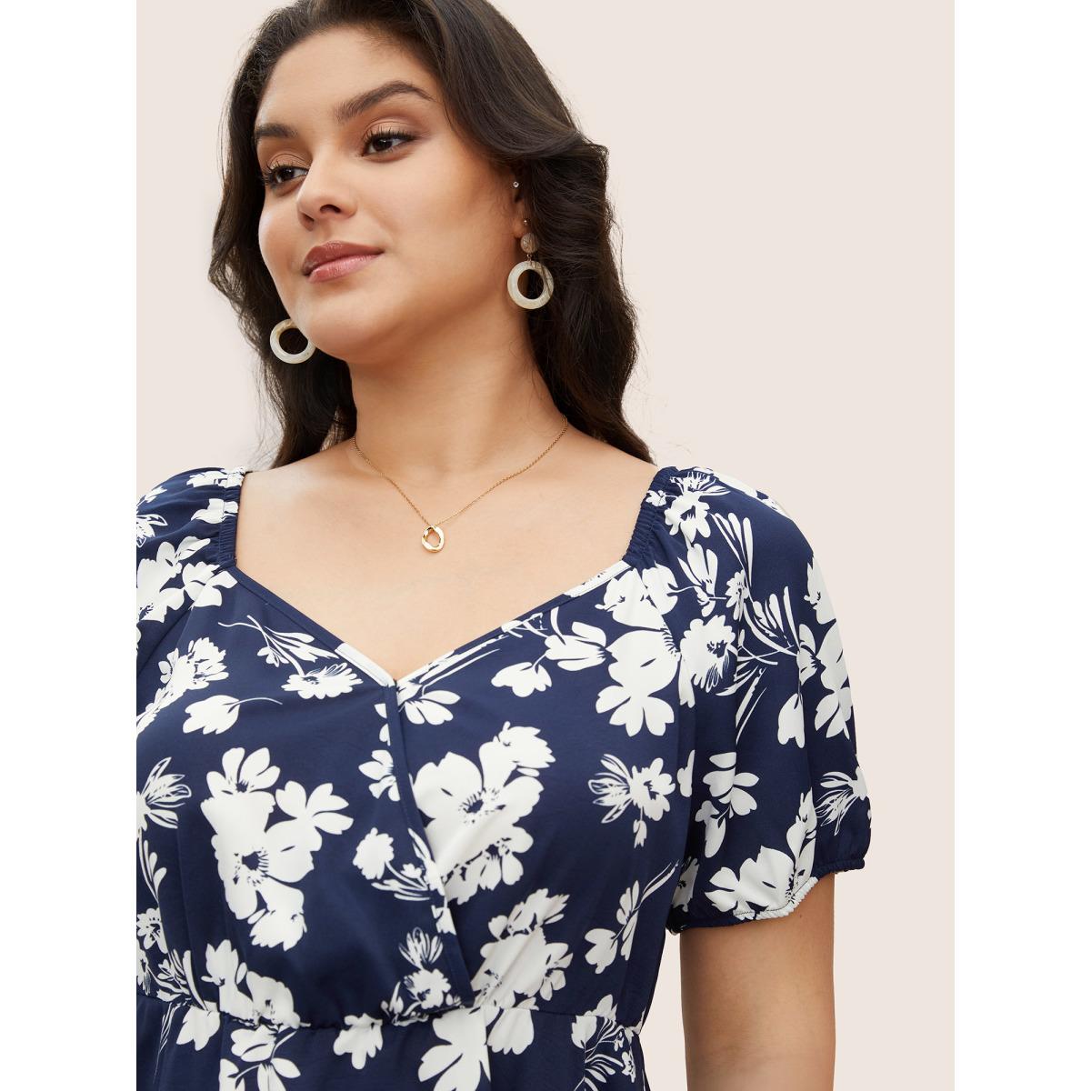 Plus Size Indigo Silhouette Floral Print Surplice Neck Blouse Women Elegant Short sleeve Heart neckline Everyday Blouses BloomChic 28/5X Product Image