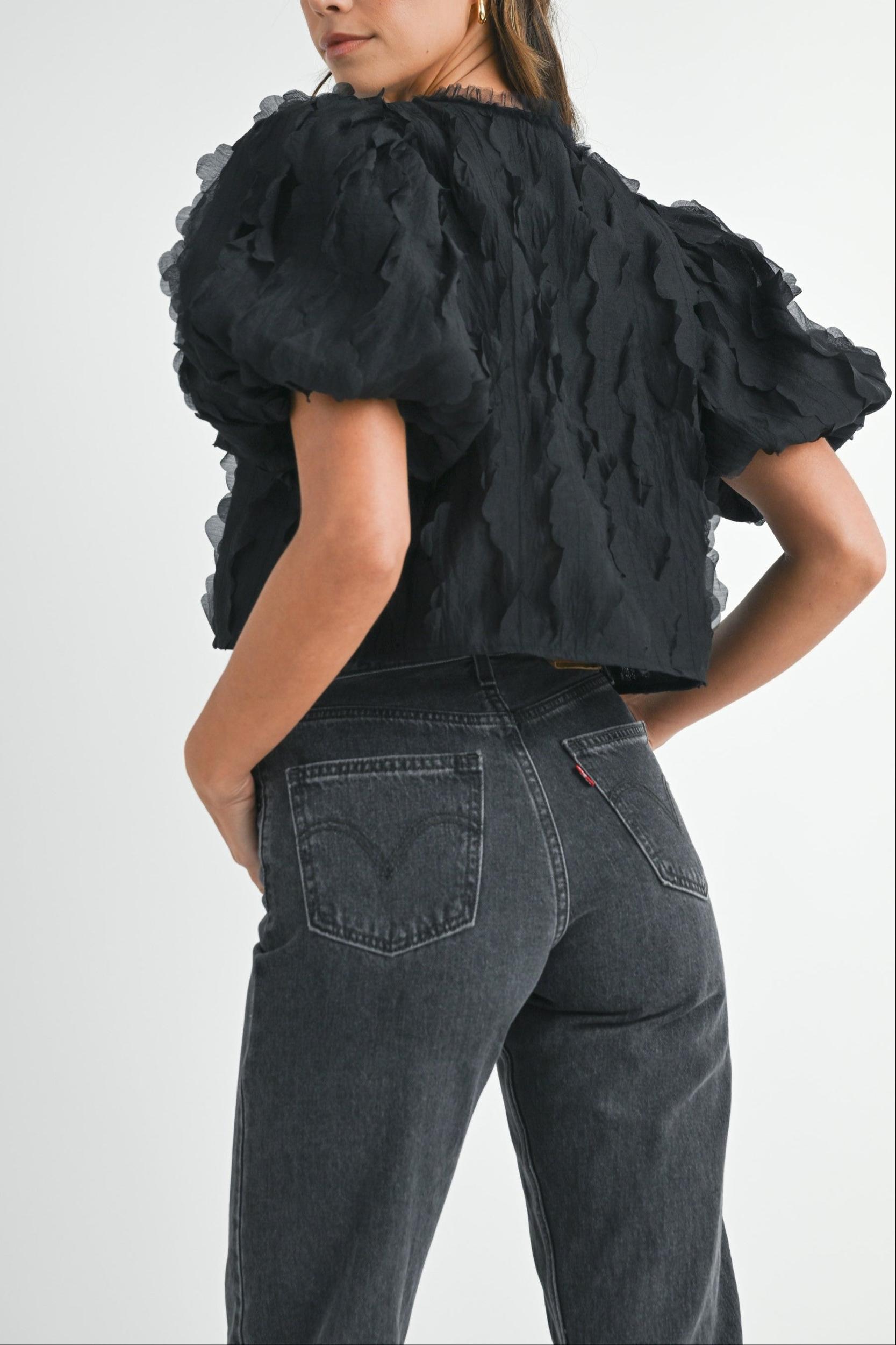 Textured Scallop Puff Sleeve Blouse Top Product Image