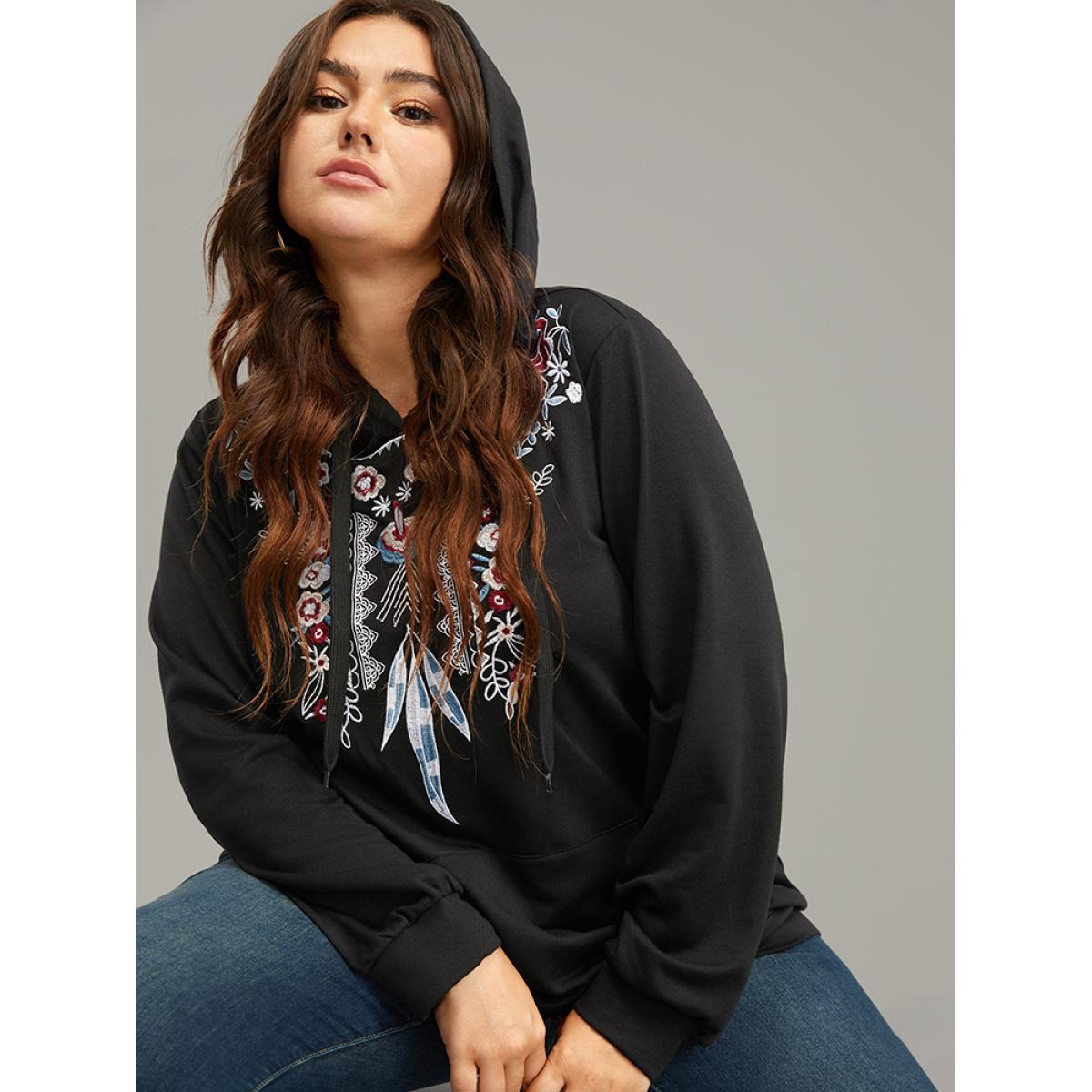 Plus Size Boho Embroidered Pocket Hooded Drawstring Sweatshirt Women Black Casual Embroidered Hooded Dailywear Sweatshirts BloomChic 14-16/1X Product Image