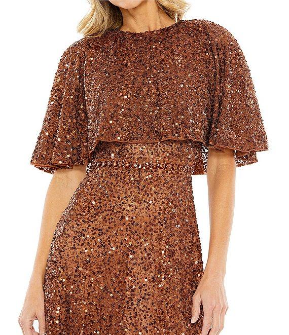 Mac Duggal Sequin Crew Neck Short Sleeve Cape Back Midi Dress Product Image