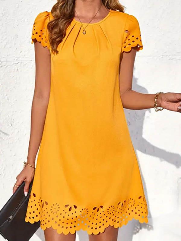 Loose Short Sleeves Hollow Pleated Solid Color Split-Joint Round-Neck Mini Dresses Product Image