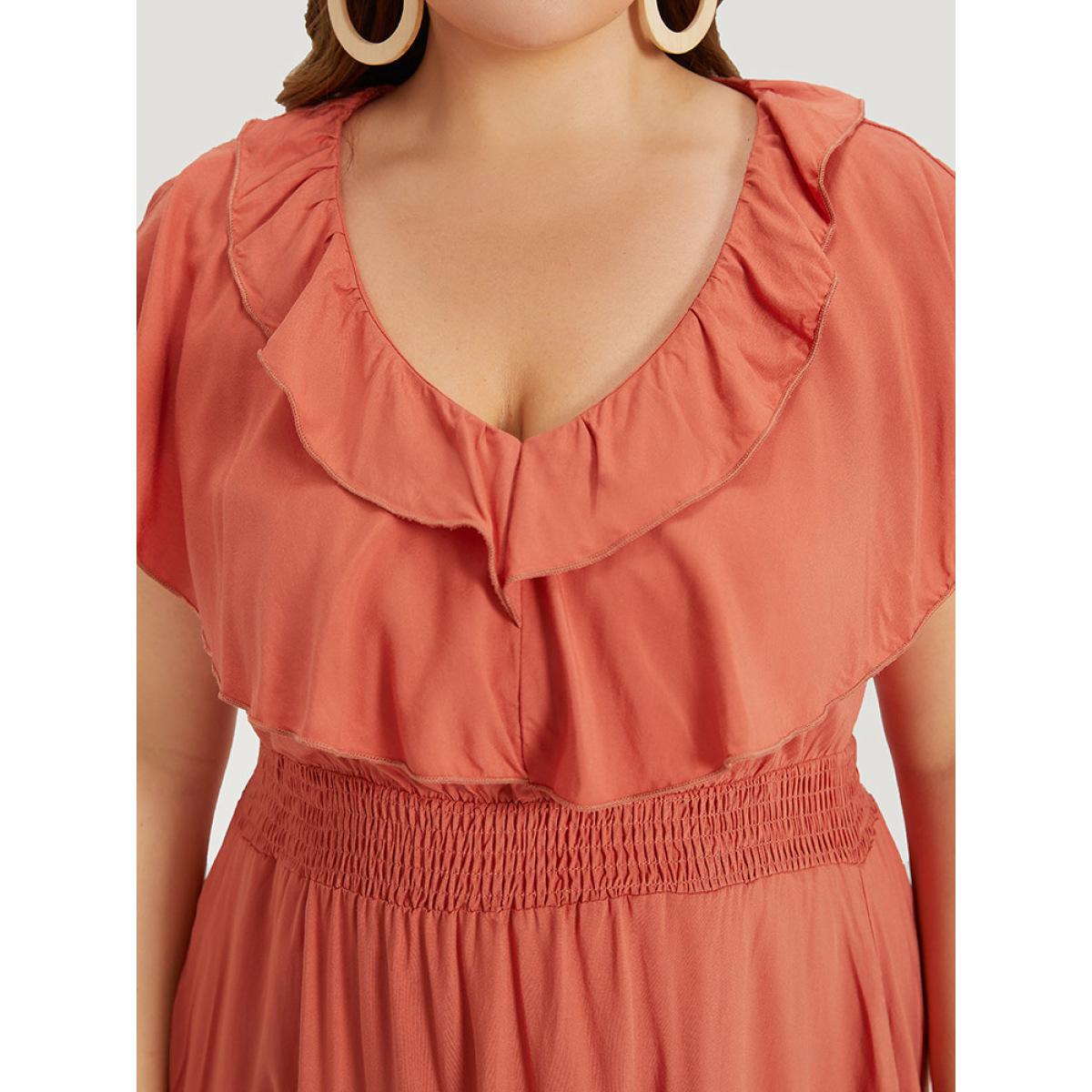 Plus Size Solid Pocket Ruffle Trim Layered Shirred Dress Coral Women Vacation Plain V-neck Sleeveless Curvy Midi Dress BloomChic 30/6X Product Image