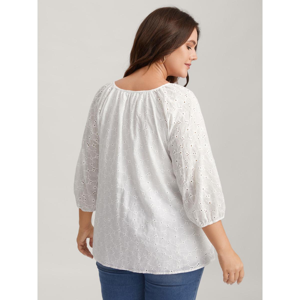 Plus Size WhiteSmoke Pure Cotton Eyelet Texture Blouse Women Timeless Elbow-length sleeve Notched collar Elegant Blouses BloomChic 18-20/2X Product Image