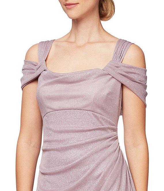 Alex Evenings Petite Size Cowl Square Neck Cap Sleeve Cold Shoulder Ruched Side Glitter Mesh Gown Product Image